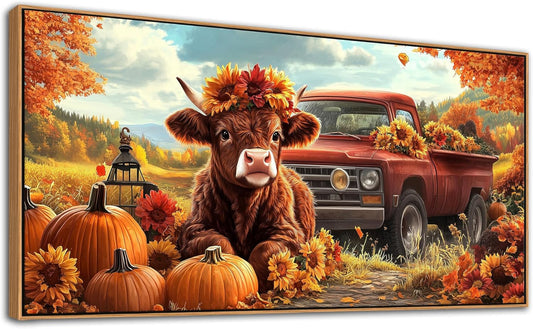 QZQCBLC Large Framed Wall Art, Orange Cow Pumpkins Rustic Fall Mountain Landscape Canvas Pictures Red Truck Sunflowers Painting Artwork for Living room Bedroom Home Office Artwork Wall Decor 29X58