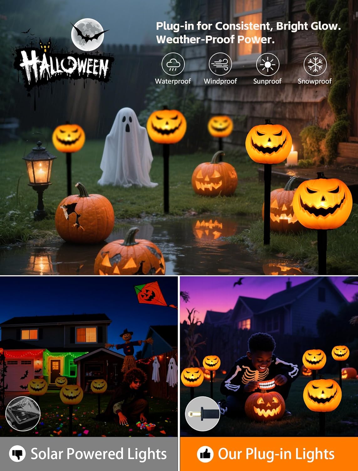 Classic Halloween Charm: 5 Pack UL-Listed Pumpkin Pathway Lights,Warm & Steady Plug-in Jack o' Lanterns,Weatherproof Outdoor Decor Stakes for a Safe, Nostalgic Trick-or-Treat Yard