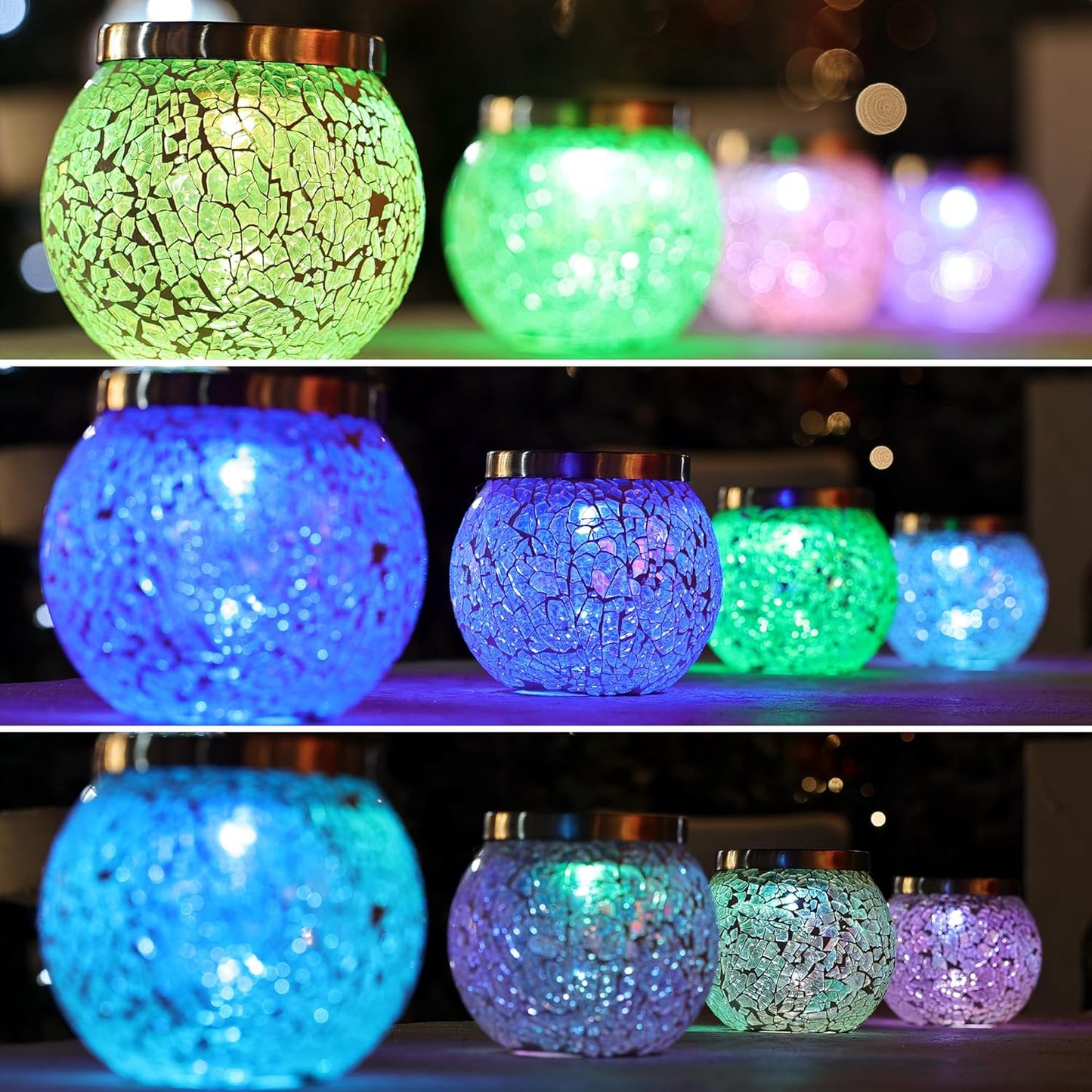 Cooo 4 Pack Heavy Solar Mosaic Crackle Glass Lights with Dual Solar Panels, Color-Changing RGB Lantern, Exclusive Dazzling Glass, Waterproof Outdoor Table Lamps Garden Lamp Landscape Path Light
