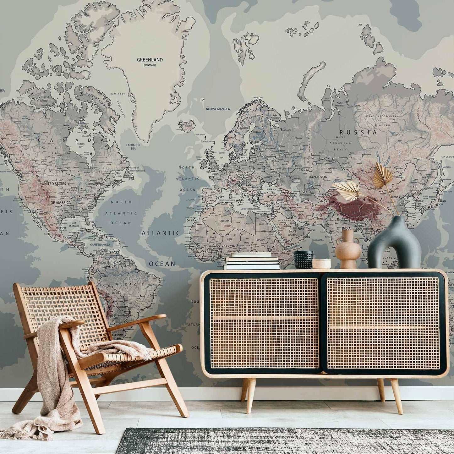 artgeist Premium Wall Mural World Map 197x138 in - Non-Woven Wallpaper Fleece Wall Decor Photo Print Picture Image Design Home Map of The World k-A-0061-a-c