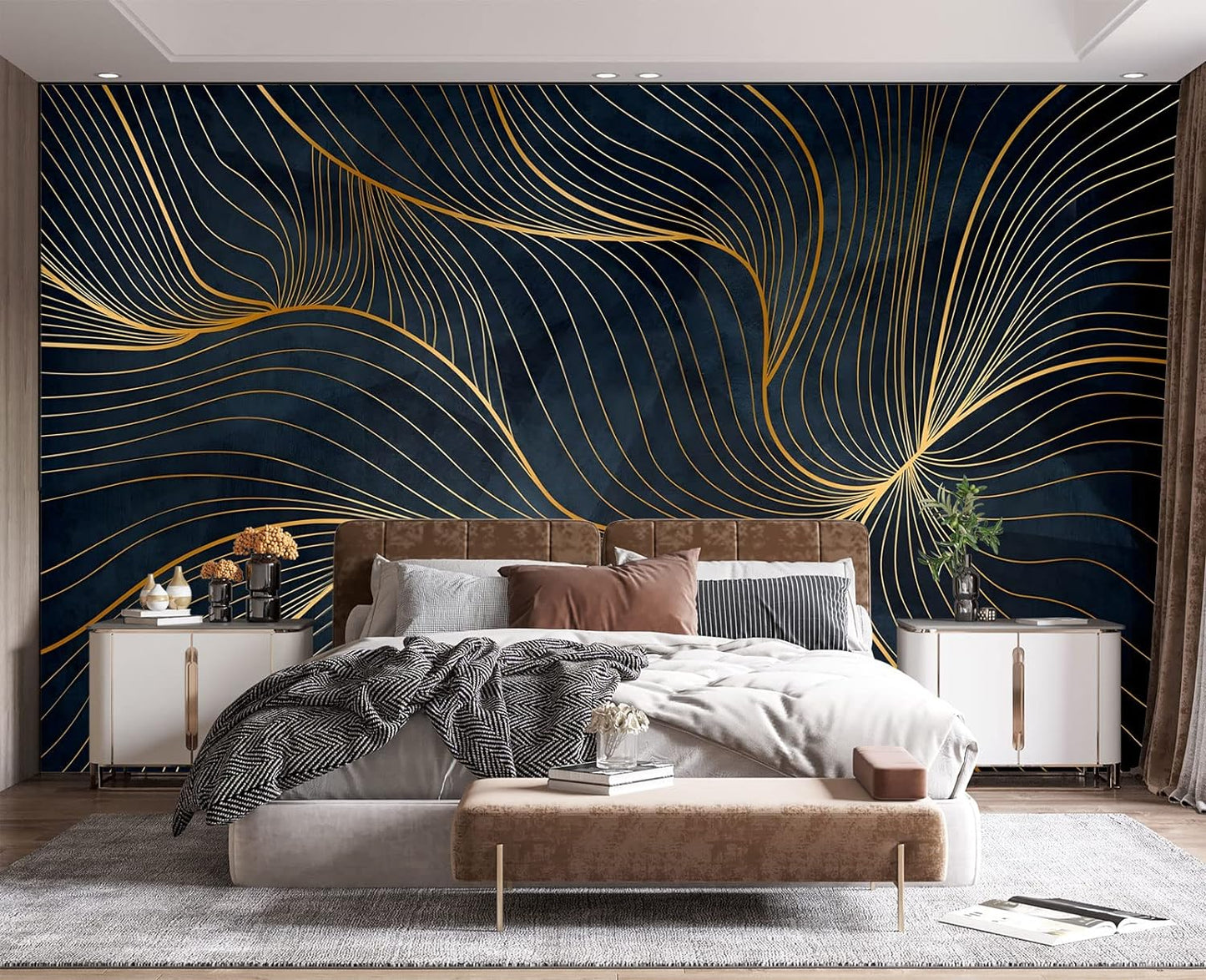 Simple Golden Lines Wall Mural Wallpaper for Bedroom 178" x 117"