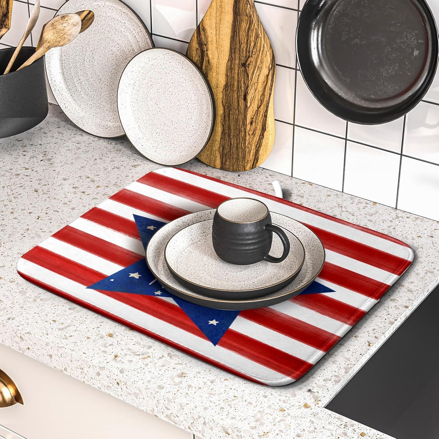 4th of July Dish Drying Mat for Kitchen Counter Patriotic Holiday Absorbent Reversible Microfiber Kitchen Countertop Protector Dishes Pad Small 16x18 inch