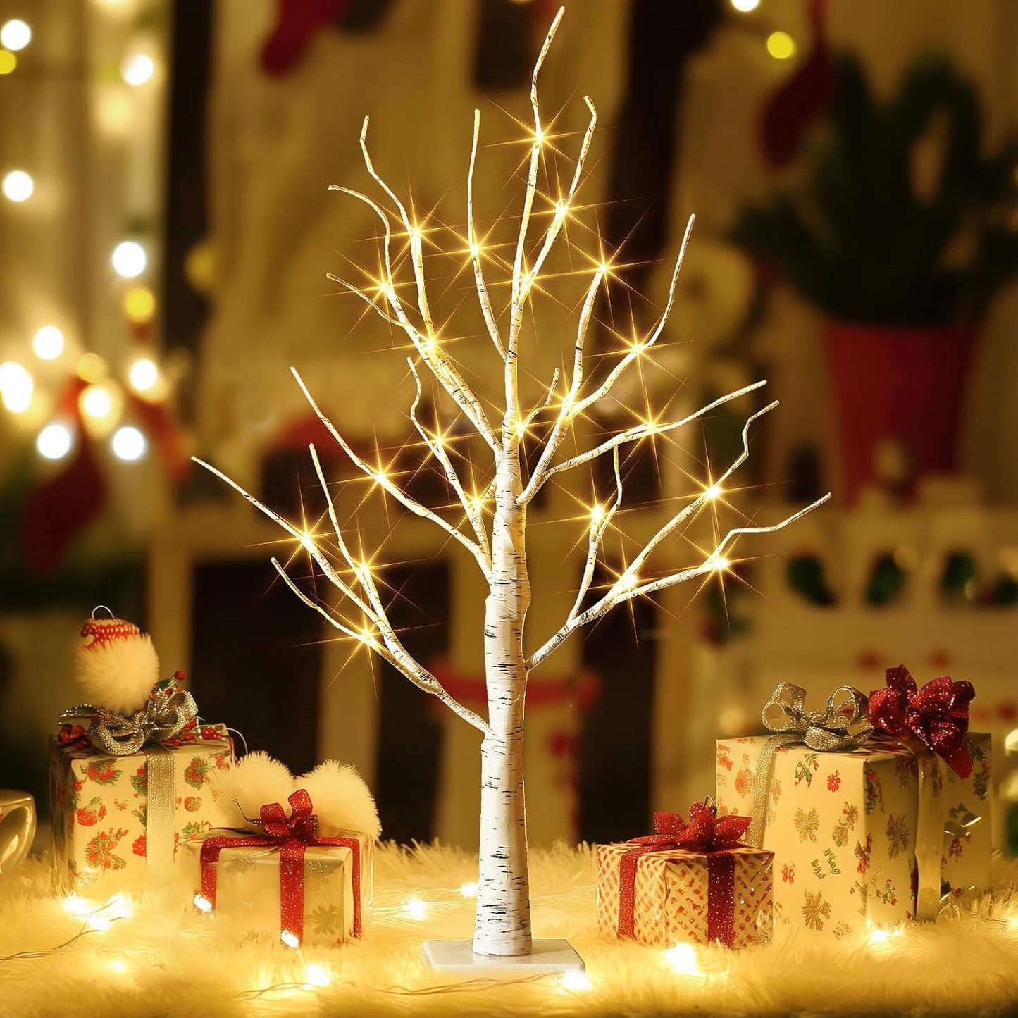 EAMBRITE Lighted Birch Tree Spring Decorations for Home, White Birch Tree with Lights, 24 LED Lighted Mini Money Tree Twig Tree Battery Operated with Timer, Christmas Indoor Centerpiece Decor (2FT)