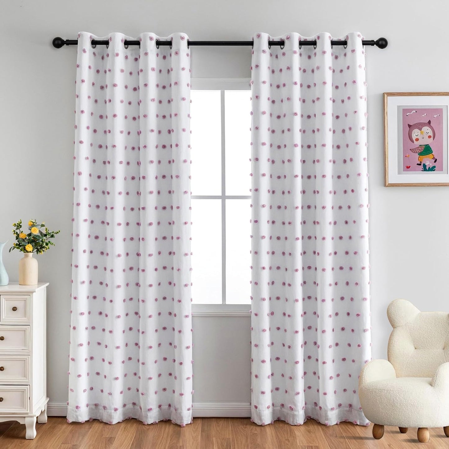 MYSKY HOME 100% Blackout Curtains for Girls Bedroom 84 Inches Long Total Light Blocking Curtains for Living Room 2 Panels Grommet Room Darkening Window Drapes with Purple Pom Pom Sheer 52W x 84L