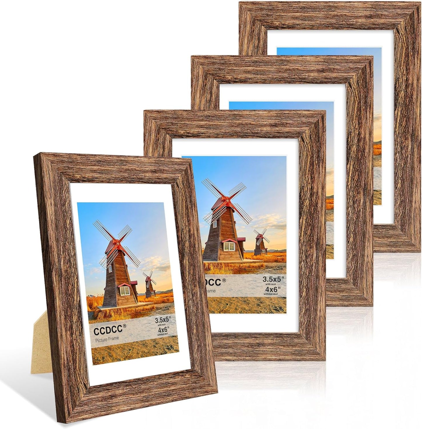 4x6 Picture Frame Set of 4, 4 x 6 Wood Photo Frames with Mat for 3.5x5, Natural Wooden Frame with Real Glass Cover for Wall and Tabletop Display,Rustic Brown