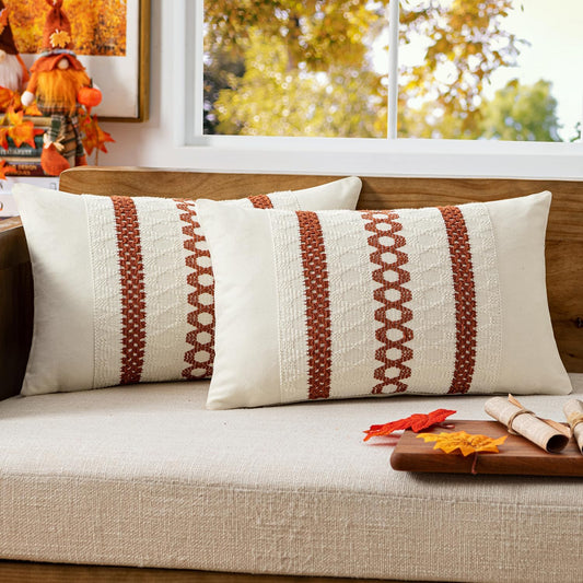 MIULEE Set of 2 Burnt Orange Fall Decorative Lumbar Pillow Covers 12x20 Inch Farmhouse Rustic Boho Couch Throw Pillows Modern Cushion Covers Retro Cute Macrame Woven Home Decor for Bed Sofa Chair