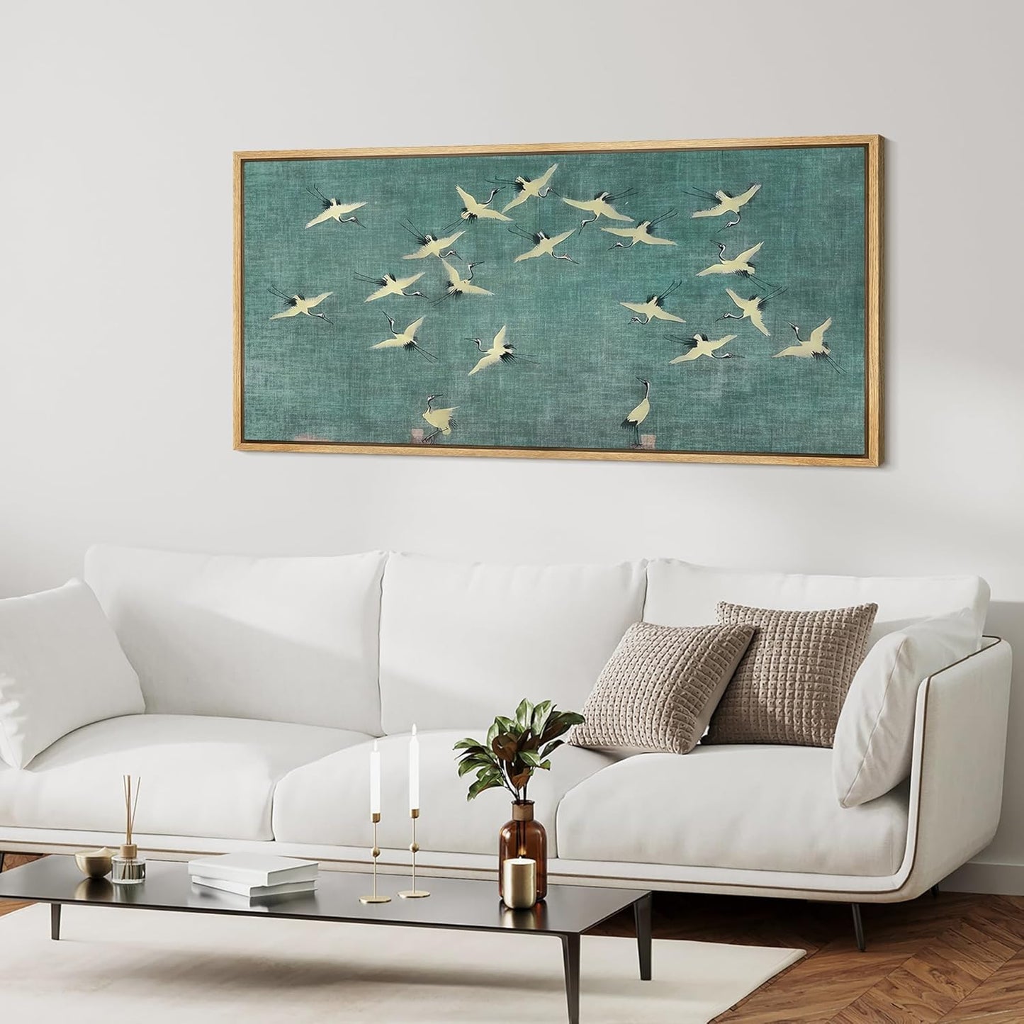 MUDECOR Extra Large Framed Canvas Print Wall Art Serene Skies White Birds in Flight on Teal Antique Retro Fine Art Illustrations Decorative Colorful for Bedroom - 60"x30"