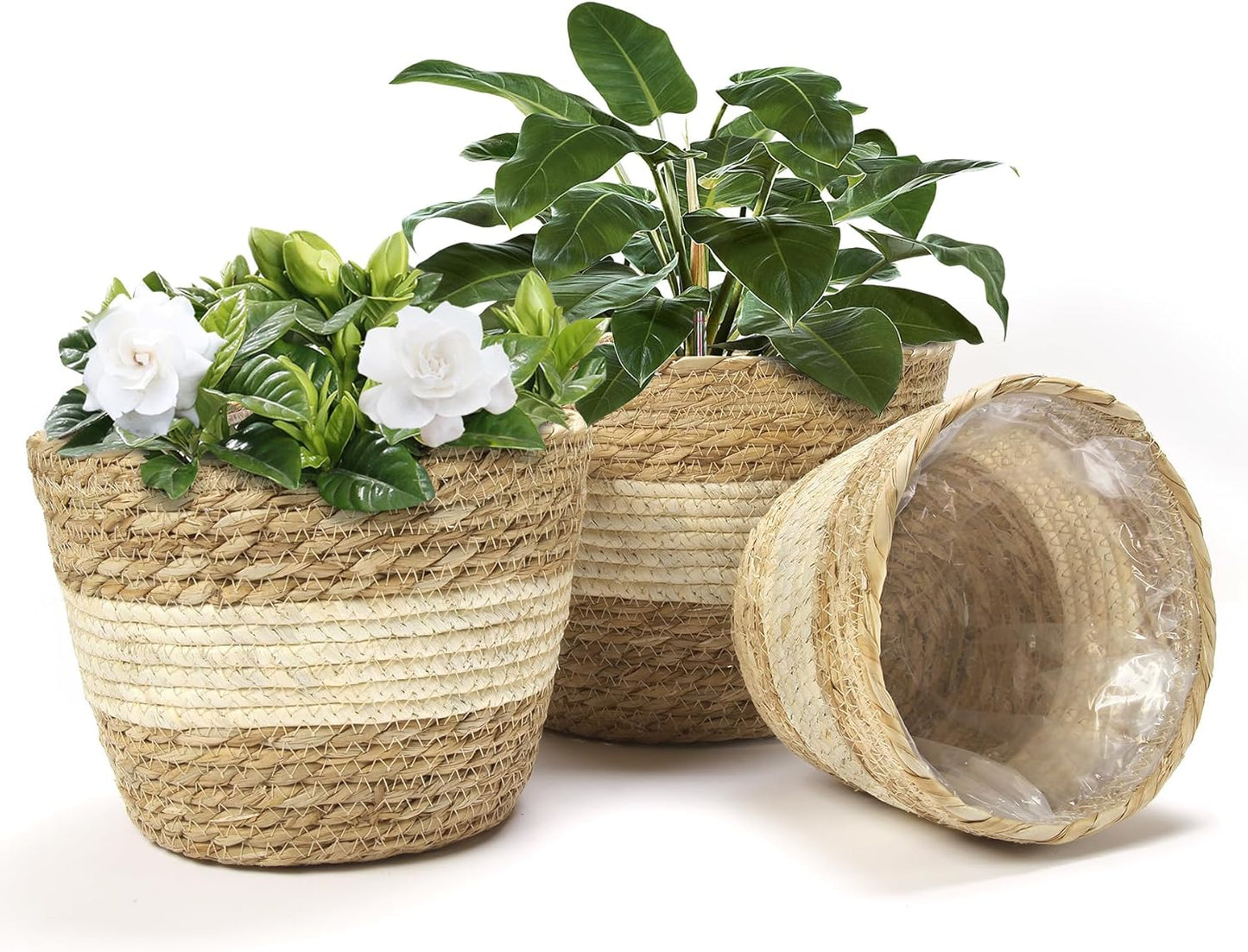 Athaliah Plant Basket, 3 PCS Plant Baskets Indoor with Plastic Liner, Water Hyacinth and Corn Stalk Woven Planters Flower Basket, Planter Basket for Rustic Home Floor Potted Pots Decor