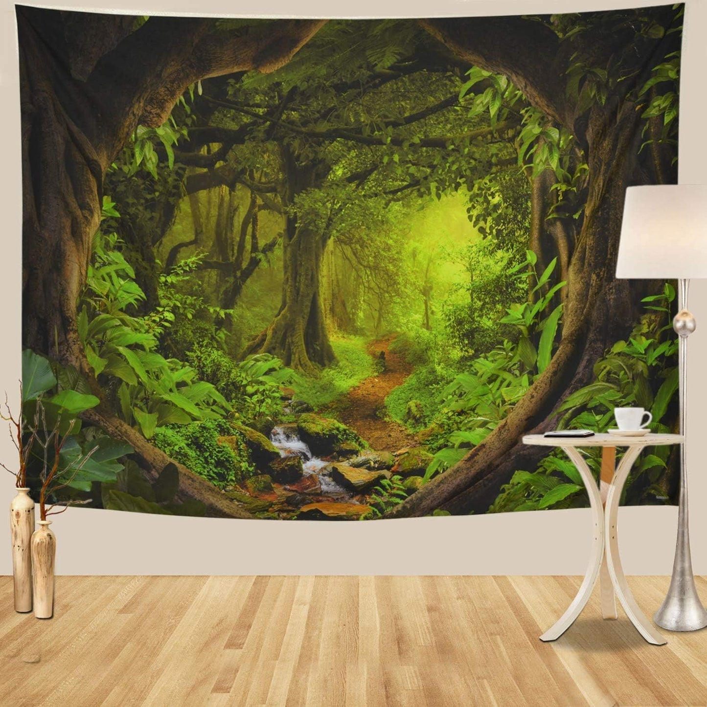 Tushelia Forest Nature Tapestry - Tree Cave Wall Hanging, Misty Forest Stream Through Rainforest Landscape, Jungle Creek Psychedelic for Living Room
