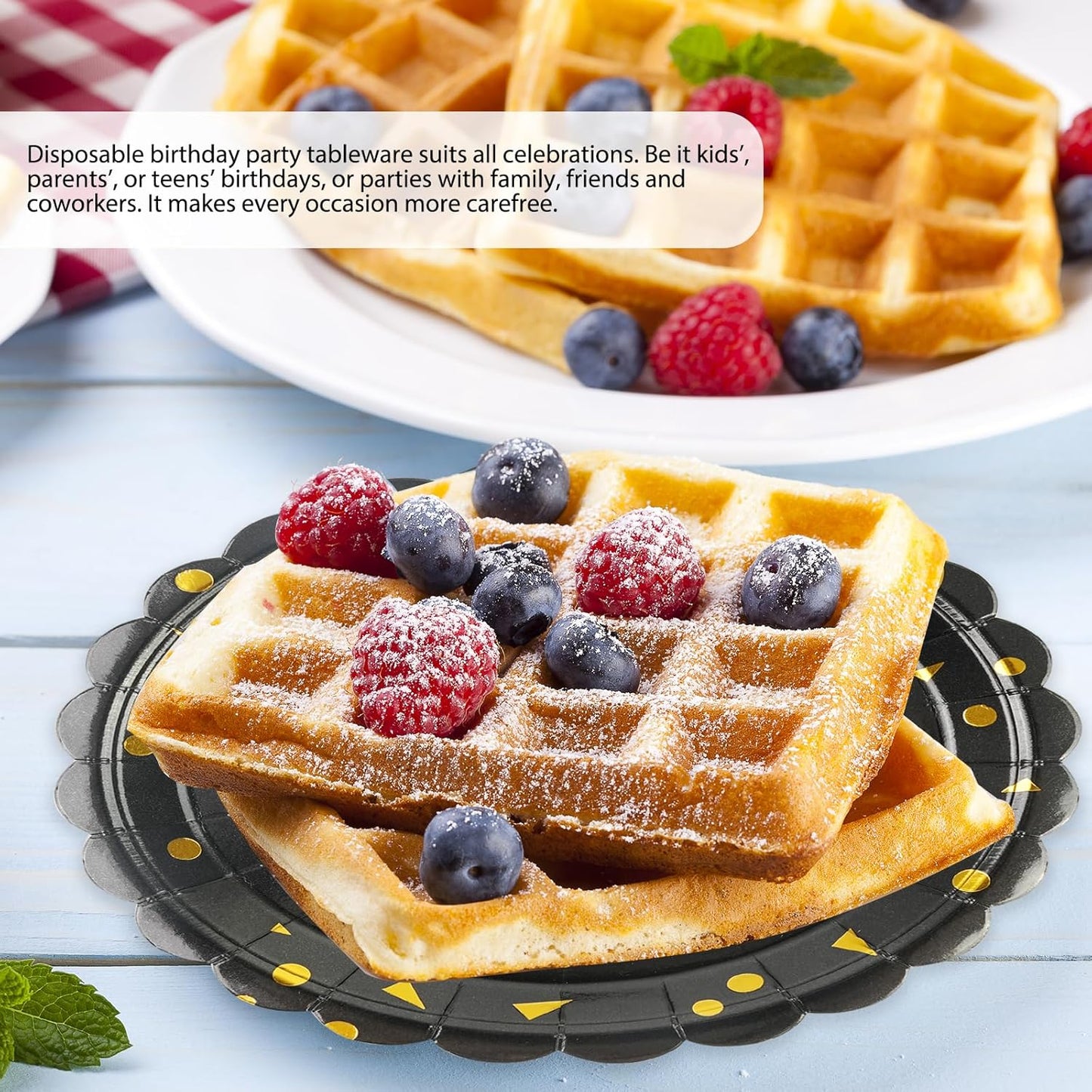 50PCS Birthday Paper Plates - 7 Inch Birthday Cake Plates Scalloped Black and Gold Dessert Plate Disposable Tableware Decorations for Birthday's Party Supplies