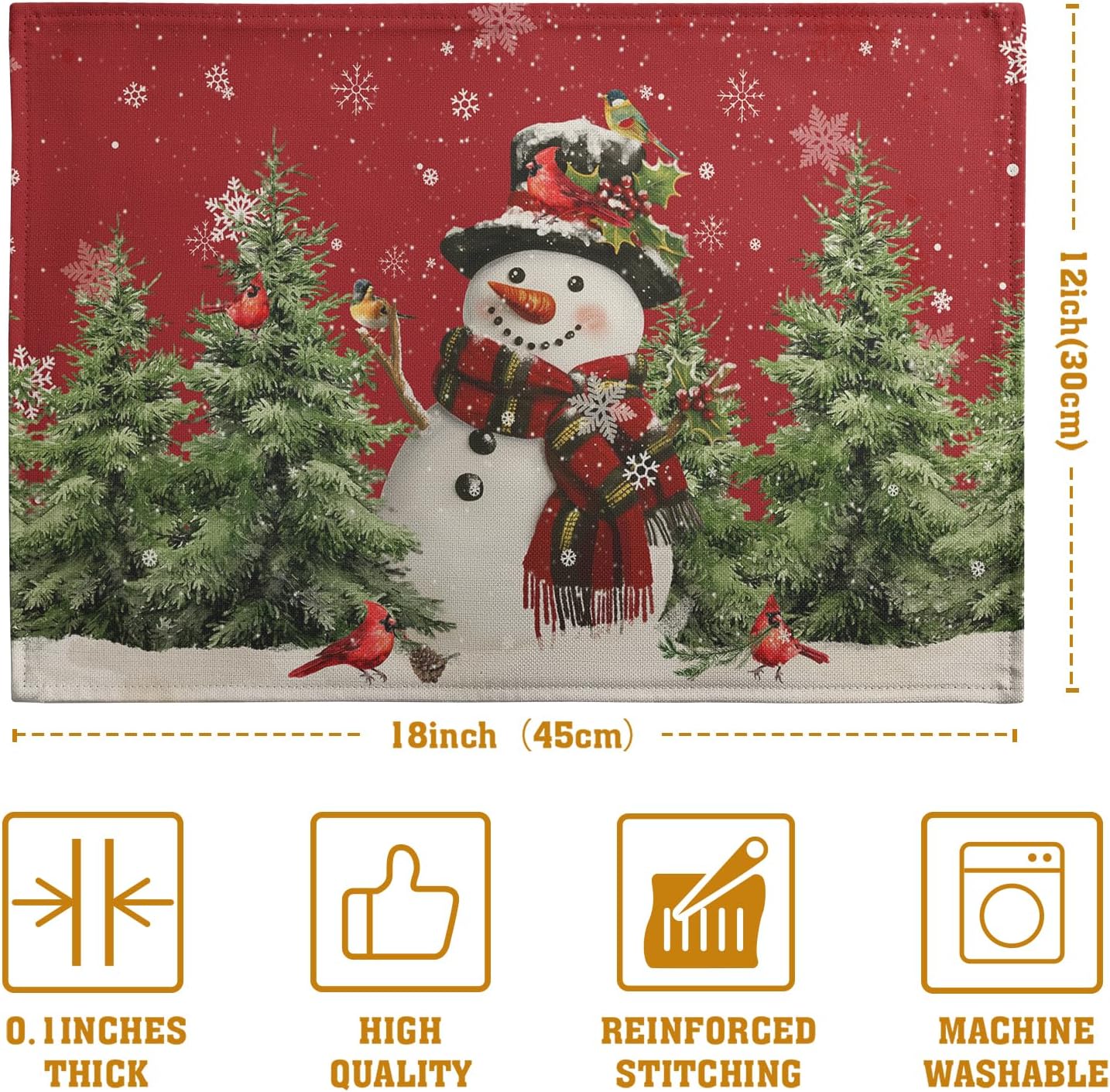 Snowman Christmas Red Placemats Set of 4 Xmas Tree Cardinal Snowflakes Linen Table Mats Seasonal Winter Holiday Place Mats Washable Placemat for Party Kitchen Dining Outdoor Indoor Decor