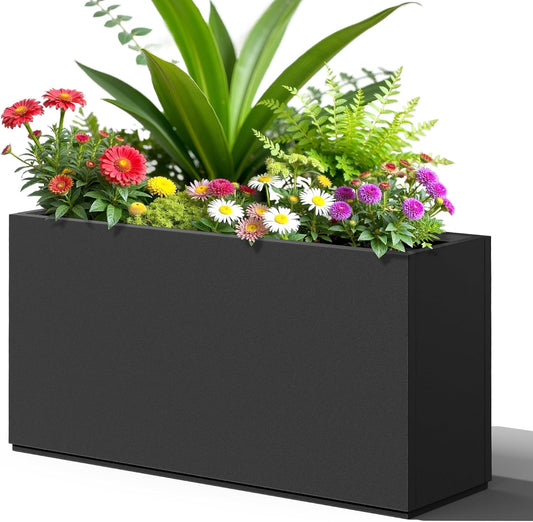 FENCY Metal Rectangular Planter Box, Large Planters for Outdoor Plants, Tall Planters for Outdoor Plants with Drainage Holes (32" L x 10" W x 16.3" H,Black)