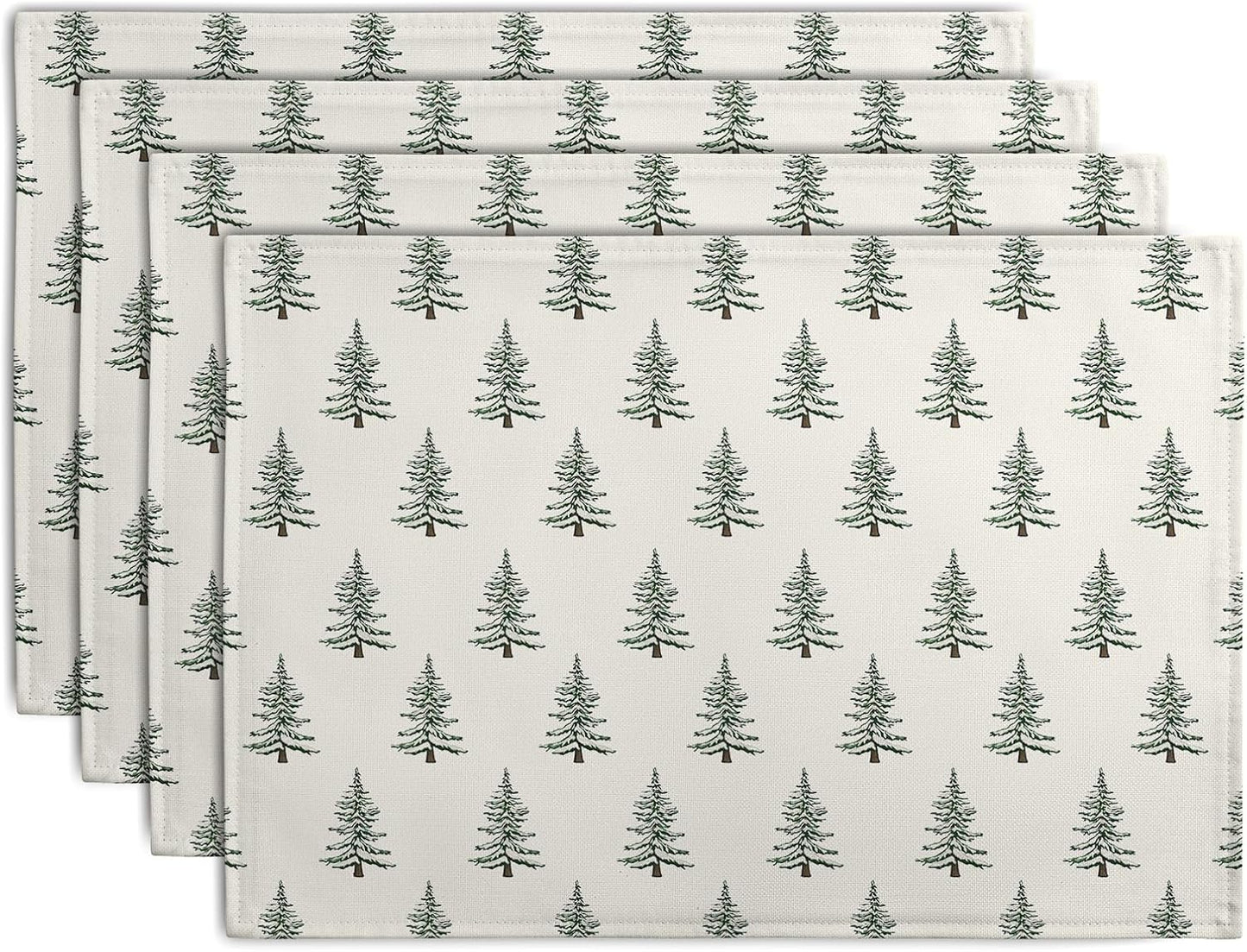 Pine Trees Christmas Placemats Set of 4 Xmas Tree Vintage Rustic Print Place Mats Winter Holiday Green White Farmhouse Linen Table Mats for Indoor Outdoor Kitchen Dining Party Decor