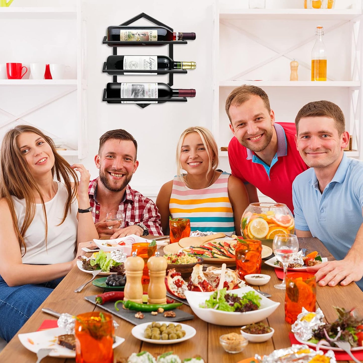 Wall Mounted Wine Stemware Rack, Metal Hanging Wine Glass Display Holde Holds 3 Bottles, Elegant Storage for Kitchen Dining Room Bar Wine Cellar