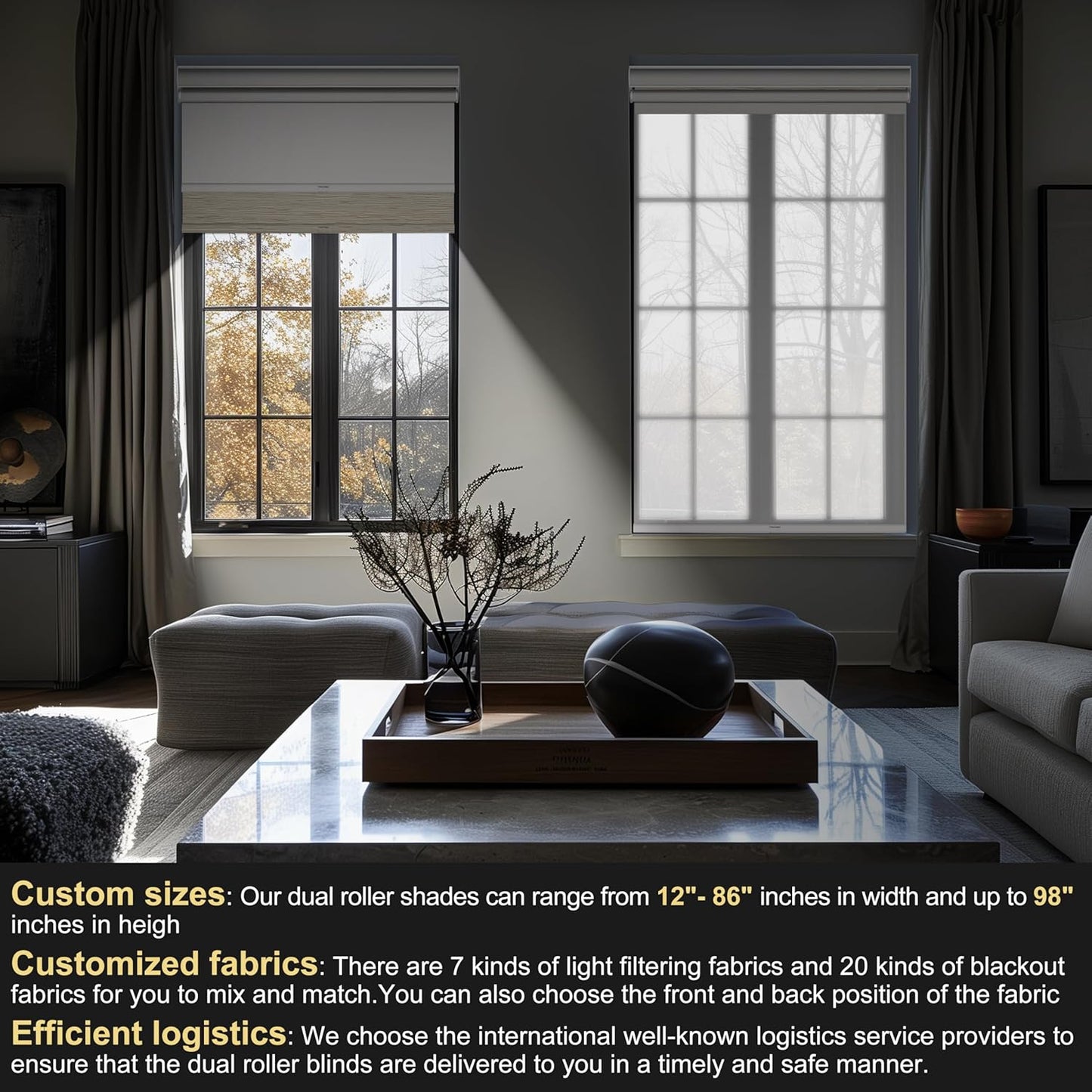 BERISSA Dual Roller Shades with Cassette Valance,Blackout and 5% Light Filtering,Day and Night Shades for Home Office. Beige & White.Custom Sizes