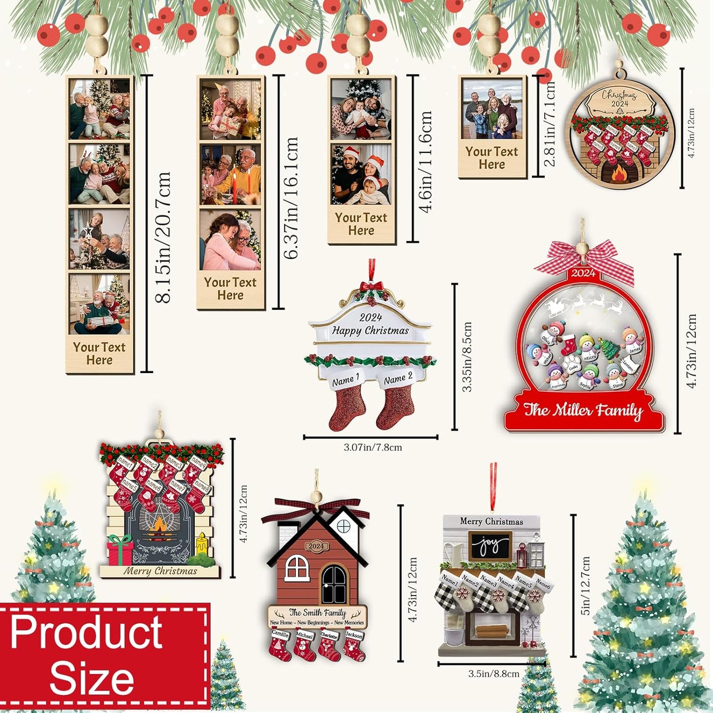 Personalized Christmas Ornaments with Names of 2/3/4/5/6/7/8 Custom Family Ornament Customized Xmas Tree Hanging Ceramic Decoration Gift Fireplace