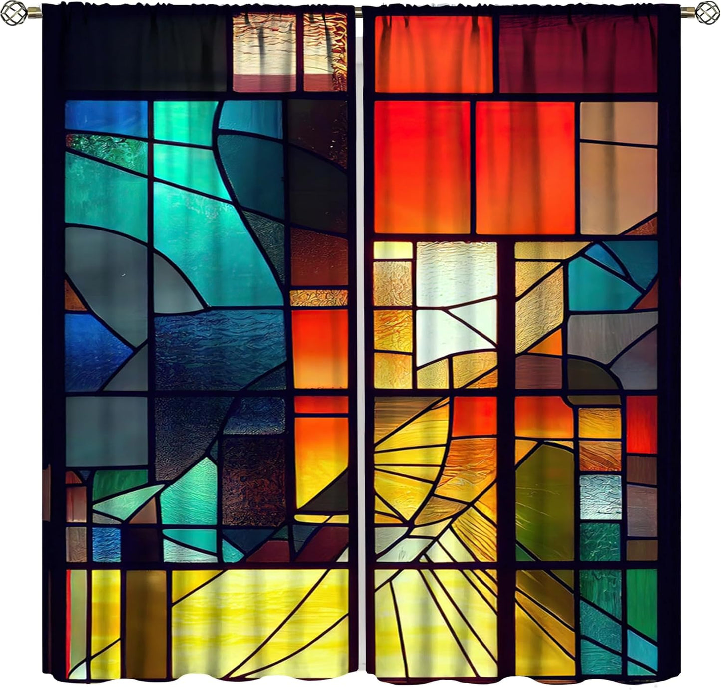 Stained Glass Curtains,Retro Abstract Colorful Geometry Textures Art Home Decor Drapes for Bedroom Living Room Kitchen Window Treatment 2 Panels Set Total Size 42" W X 63" L Inch