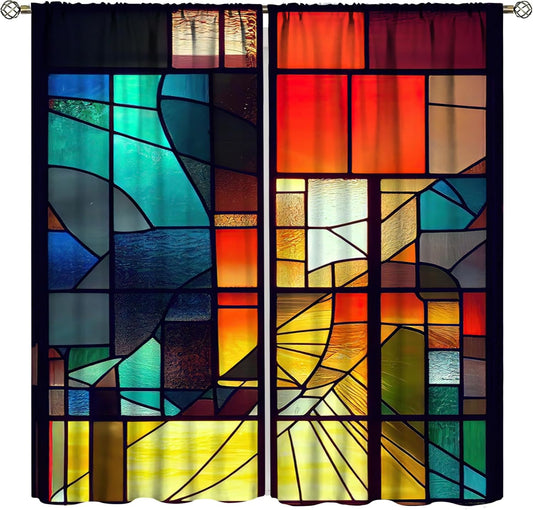 Stained Glass Curtains,Retro Abstract Colorful Geometry Textures Art Home Decor Drapes for Bedroom Living Room Kitchen Window Treatment 2 Panels Set Total Size 42" W X 63" L Inch