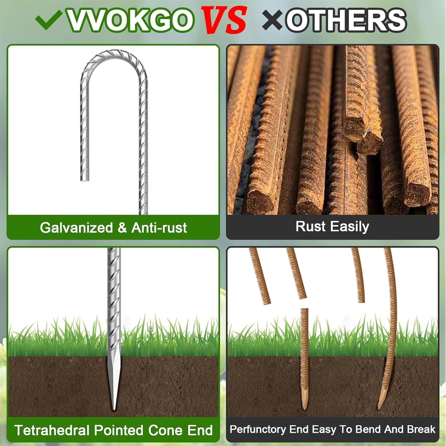 VVOKGO Rebar-Stakes-12-Inch J Hook Galvanized Tent Stakes Heavy Duty, 50-Pack Ground Chain Link Fence Anchors with Chisel Point End for Gazebo, Camping Tents, Outdoor Inflatables Decorations