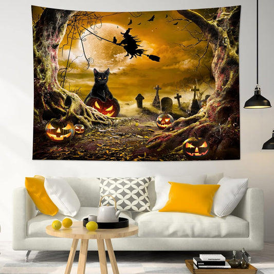 LB Halloween Wall Art - Horror Witch Cat & Dead Tree Pumpkin Lights with Spooky Graveyard Orange Full Moon over Misty Forest Wall Tapestry for Bedroom & Living Room - 48x36 Inch