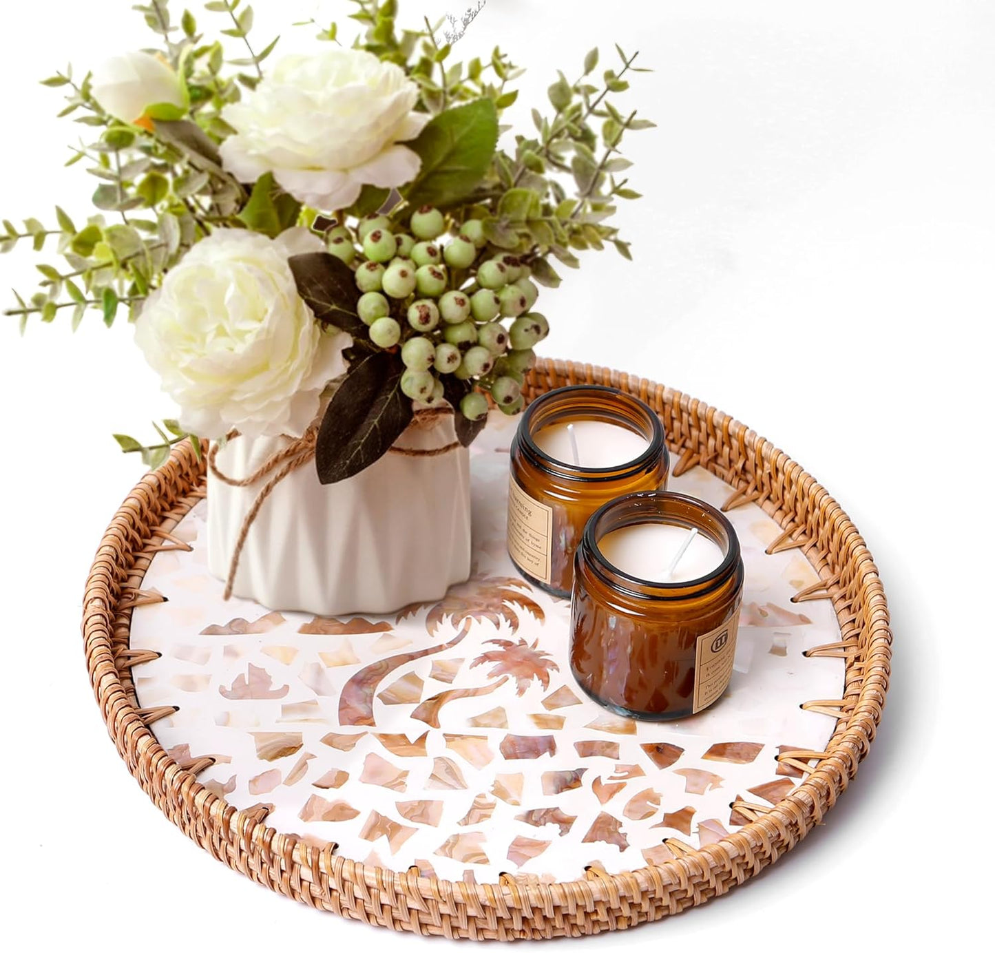 Round Rattan Tray with Mother of Pearl Inlay & Wooden Base - Decorative Wicker Serving Tray for Coffee/Bread/Fruits, Food Storage & Display - Multipurpose Home Decor (M,Island)