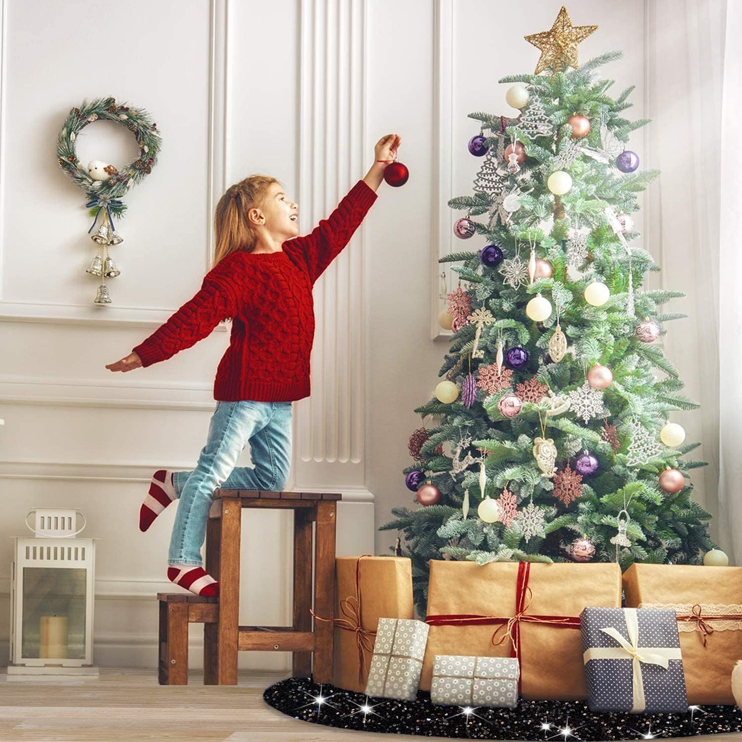 MODFUNS Black Christmas Tree Skirt 60 Inch Glitter Sequin Large Xmas Tree Mat Velvet Halloween Tree Skirt Unique Shiny Xmas Tree Skirt Cover for Christmas Tree New Year Merry Christmas Ornament