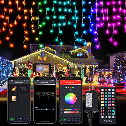 Brightown Smart Icicle Lights for Outside, 66Ft 608 LED RGB Smart Christmas Lights with 58 Preset Modes, App or Remote Control, Music Sync, Memory and Timer Function for Indoor/Outdoor Use