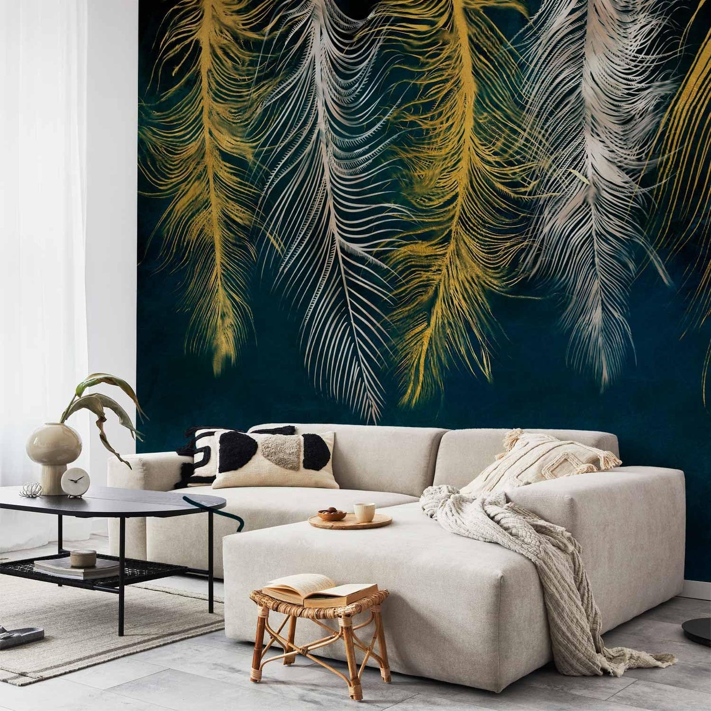 artgeist Premium Wall Mural Feather 118x83 in - Non-Woven Wallpaper Fleece Wall Decor Photo Print Picture Image Design Landscape Abstract Beige Navy Blue b-A-0812-a-a
