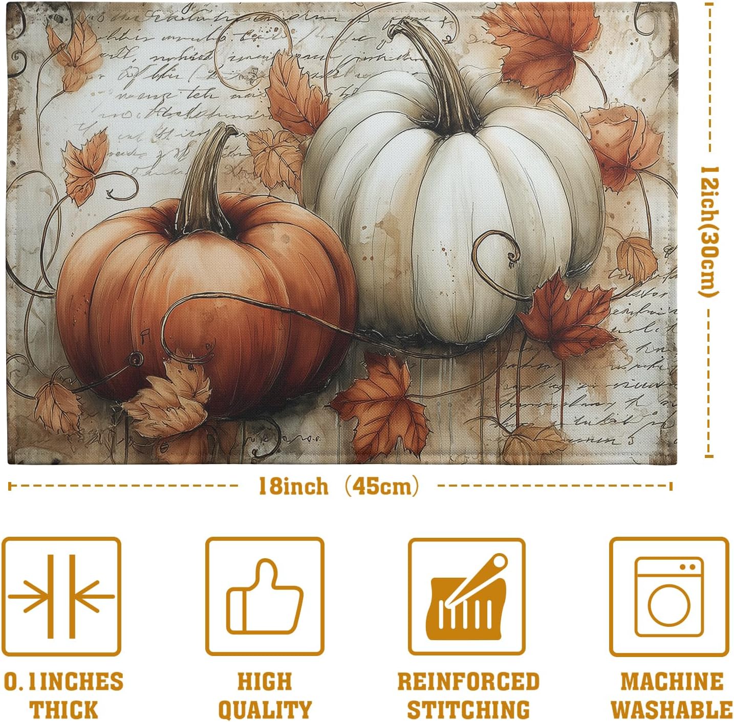 Fall Vintage Pumpkin Leaves Placemats Set of 4 Autumn Thanksgiving Harvest Linen Dinner Place Mats 12x18 Burnt Orange and White Rustic Farmhouse Decorative Kitchen Table Mats