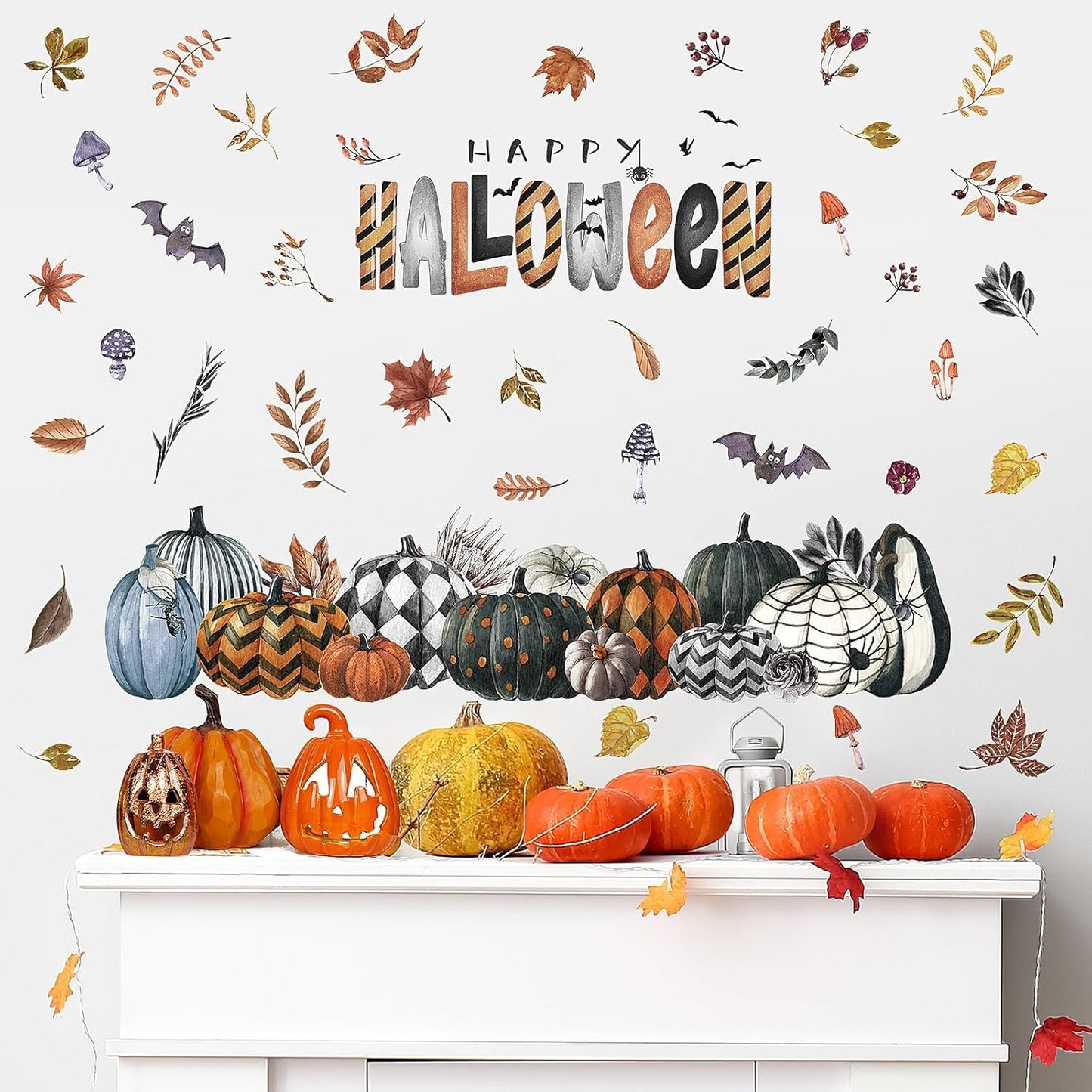 clothmile 40.15 x 38.58 Inch Happy Halloween Pumpkins Wall Decals Halloween Leaves Bat Spider Wall Stickers Halloween Removable Wall Sticker for Halloween Party Supplies Home Wall Decor