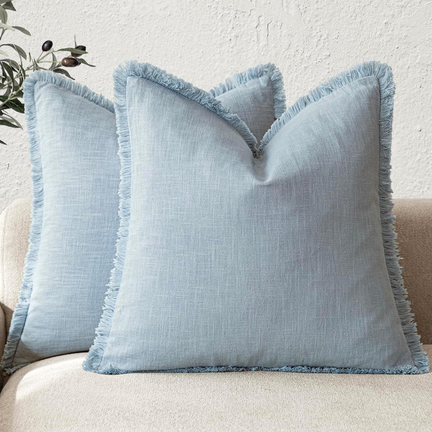 Foindtower Set of 2 Decorative Linen Fringe Throw Pillow Covers Boho Farmhouse Cushion Cover with Tassels Soft Accent Pillowcase for Couch Chair Sofa Bed Living Room Home Decor,24×24 Inch,Sky Blue