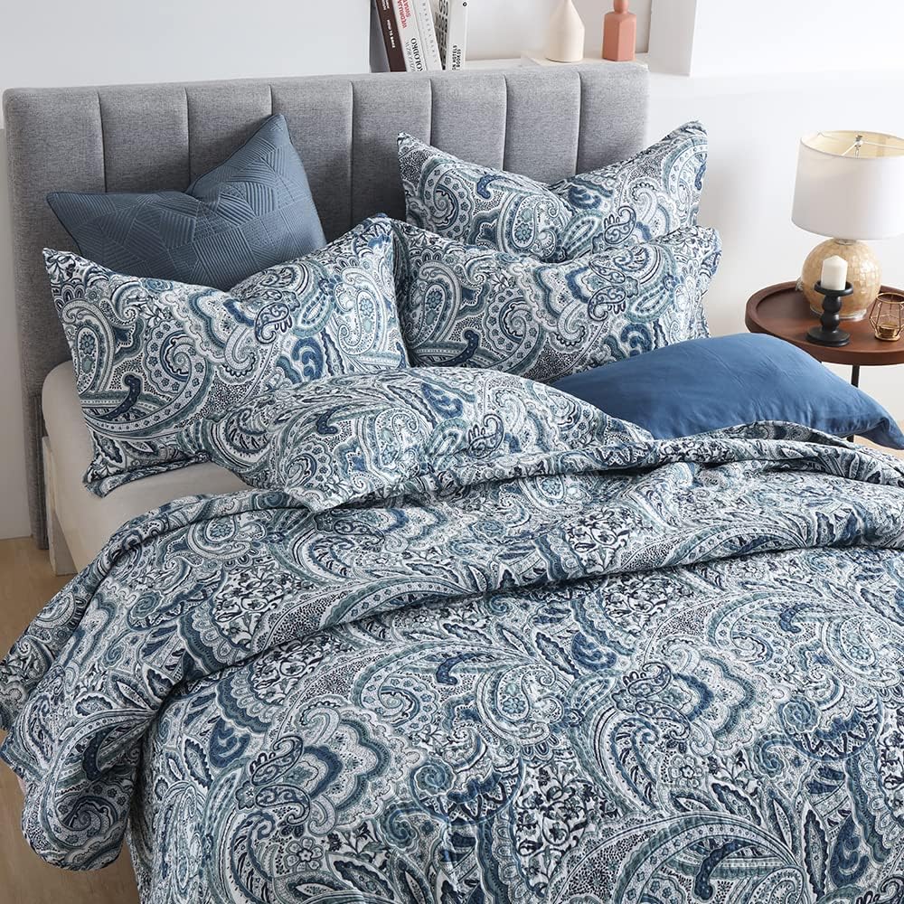 Autumn Dream Cotton Bedspread Quilt Sets, 3 Pieces Reversible Comforter Coverlet Sets,Blue Floral Paisley Bedspread,King Size