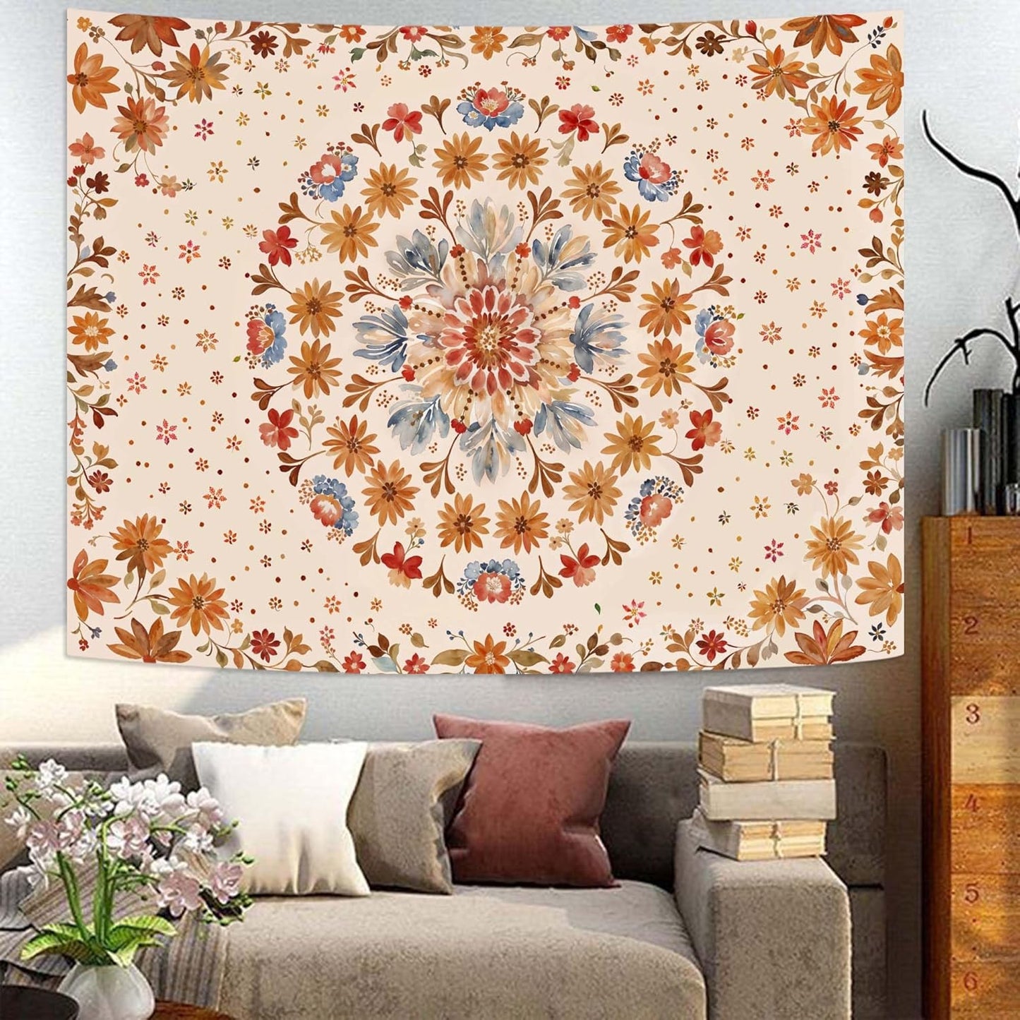 Fowocu Boho Floral Mandala Tapestry Wall Hanging Watercolor Bohemian Flower Medallion Tapestry Aesthetic Beige Orange Hippie Indian Small Tapestries for Bedroom Living Room Dorm Decor 48 x 36 Inch