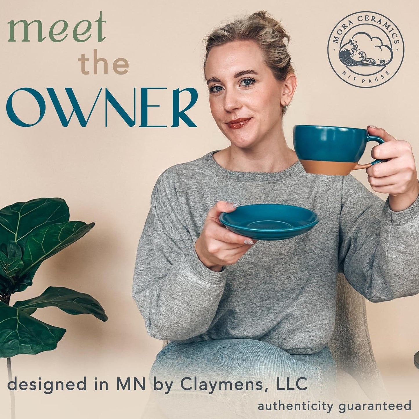 Mora Ceramic Latte Art Mug With Saucer - 10.5 oz, Round Bottom For Perfect Pours - Cafe Cups for Cappuccino, Espresso, Coffee, Tea etc - Porcelain Set for Baristas, Great Gift - Azure Blue