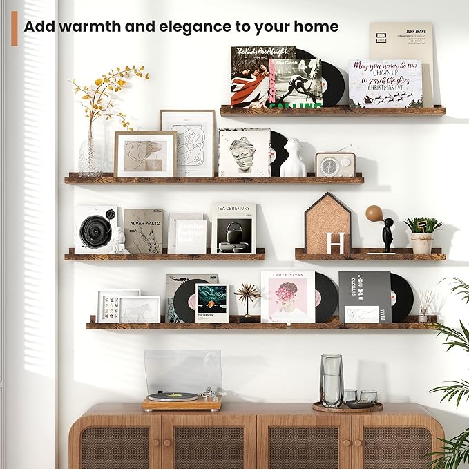 Fun Memories Picture Ledge Shelves Set of 2, 48 Inch Rustic Wall Mounted Floating Shelves with Lip for Home Storage and Décor in Bathroom, Kitchen, Nursery, Bedroom, Living Room, Brown