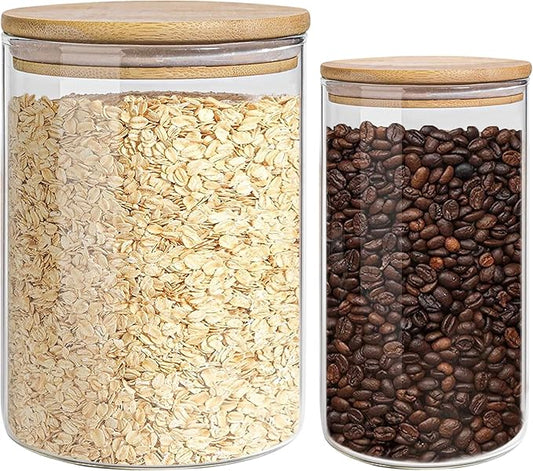 Glass Storage Jars Set Elegant Containers with Airtight Bamboo Lids, Perfect for Kitchen Organization - Flour, Rice, Pasta, Sugar, Coffee Beans, Accessories Included (2 packs(37oz / 110oz))