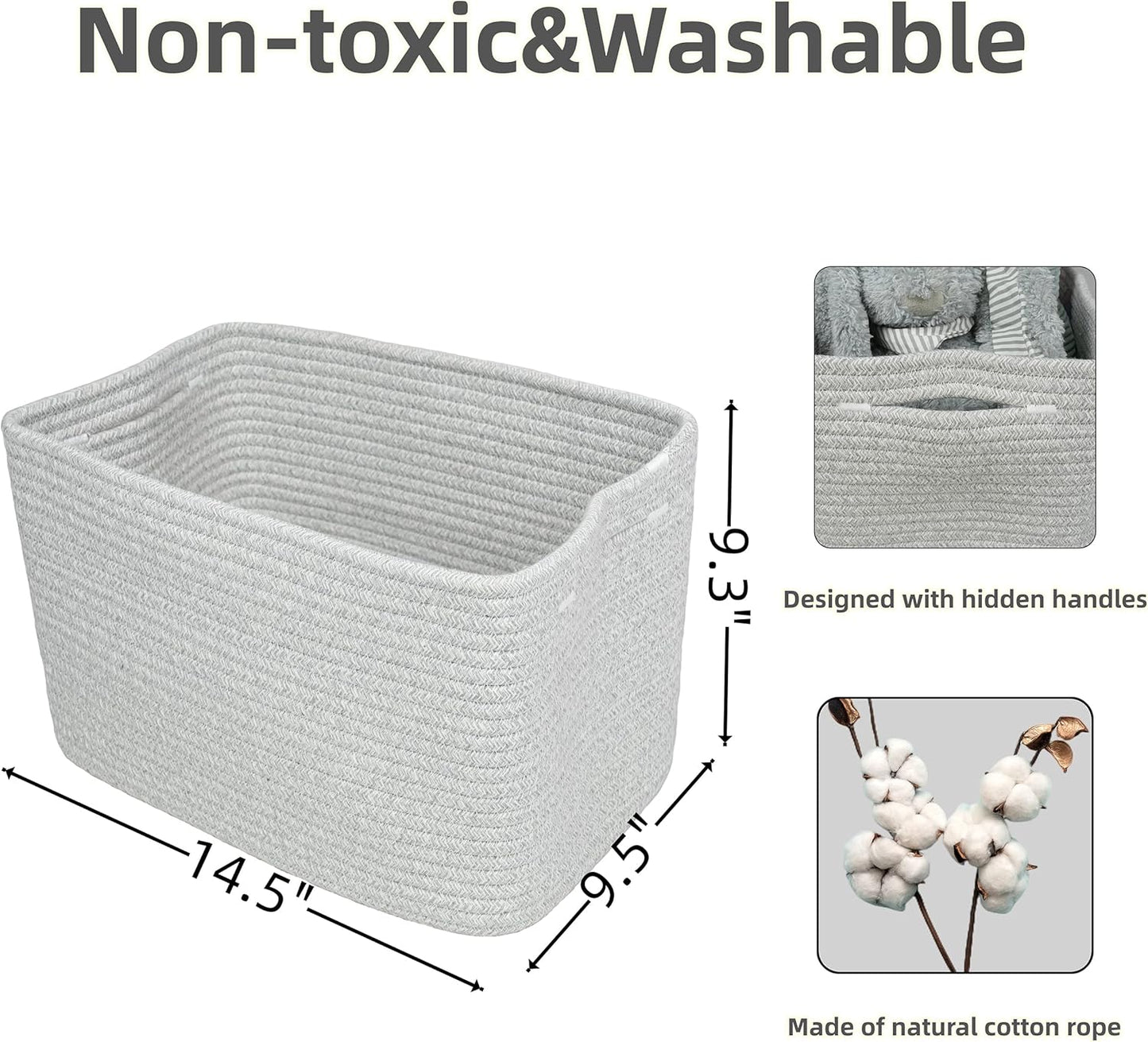 Cotton Rope storage Basket Bins Woven Basket for Organizing Shelves 14.5X9.5X9.3“ Rectangle Decorative Baskets For storage Clothes Toys Books Towels Square Wicker Nursery basket organizer 3 pack grey