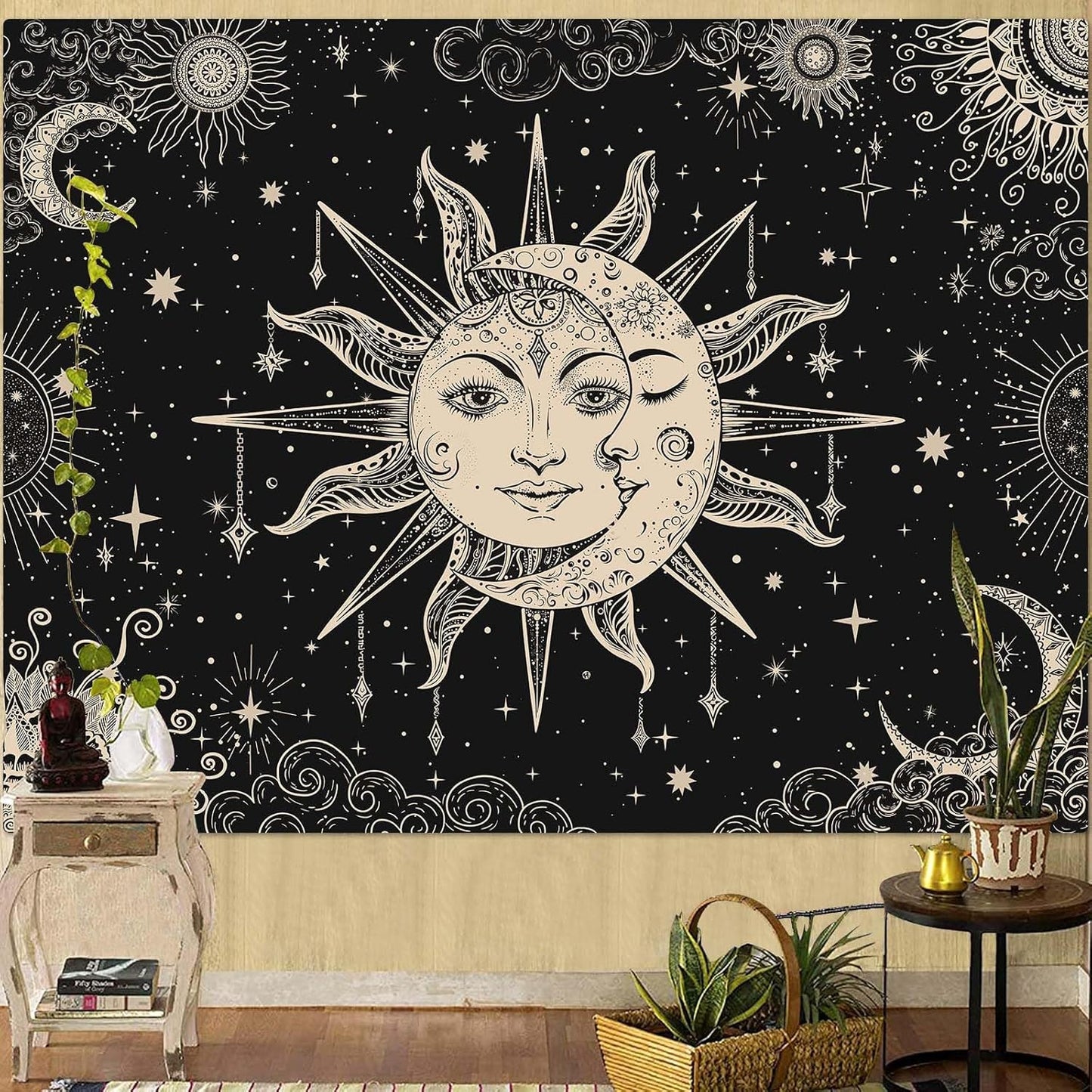 Lunerfex Sun and Moon Tapestry Mandala Wall Tapestry, Vintage Tapestries for Bedroom Ceiling Tapestries Wall Hanging for Bedroom Living Room Decor Sun-2 70"x90"