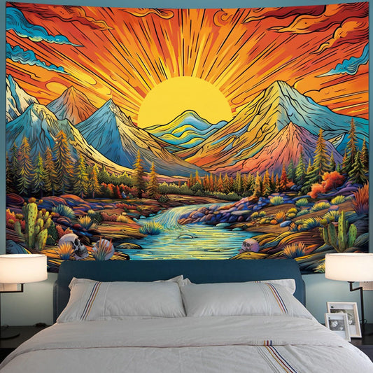 Serborlur Boho Sun Mountain Tapestry Trippy Forest Tree Tapestry Vintage Aesthetic Magic River Tapestries Nature Landscape Wall Hanging for Bedroom Home Decor (51.2"×59.1")