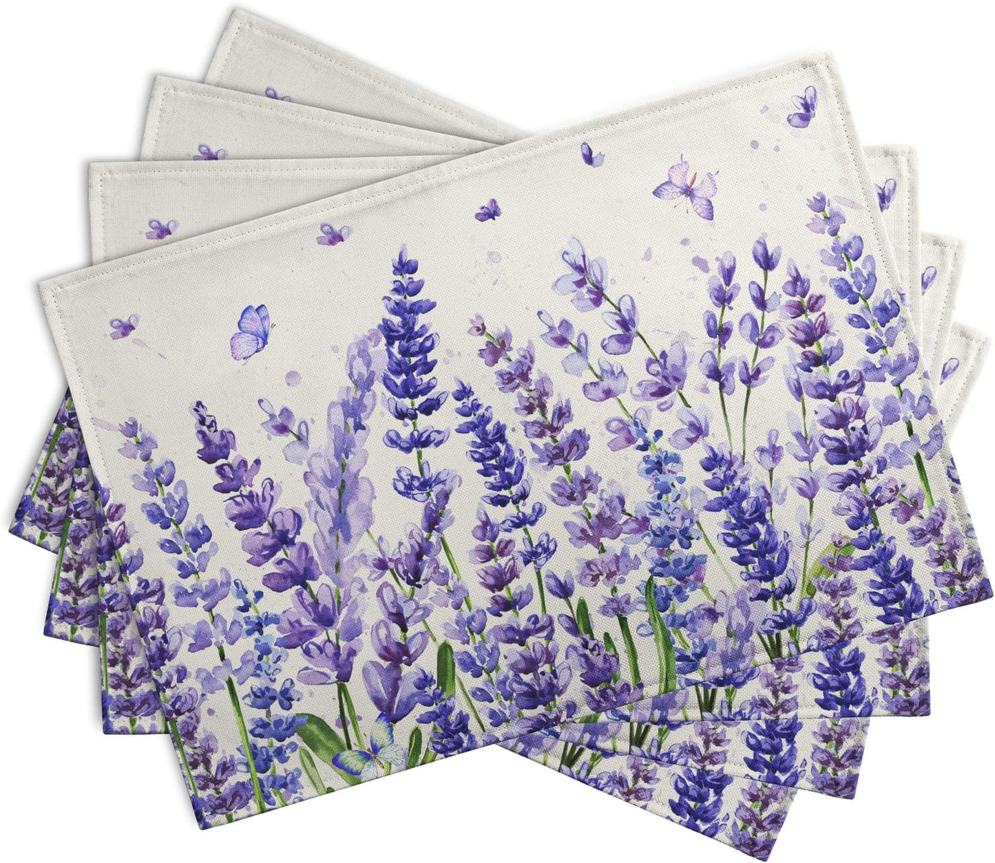 Lavender Placemats Set of 4 Purple Flower Butterfly Linen Fabric Table Mats Seasonal Spring Summer Rustic Floral Placemat Farmhouse Decorative Washable Place Mats for Home Kitchen Dining Table