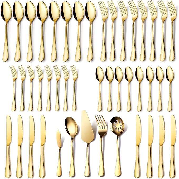Gold Silverware Set for 8, OGORI 45-Piece Stainless Steel Flatware Set with Serving Set, Mirror Polished Cutlery Set with Serving Utensils Spoon for Kitchen Party Supply