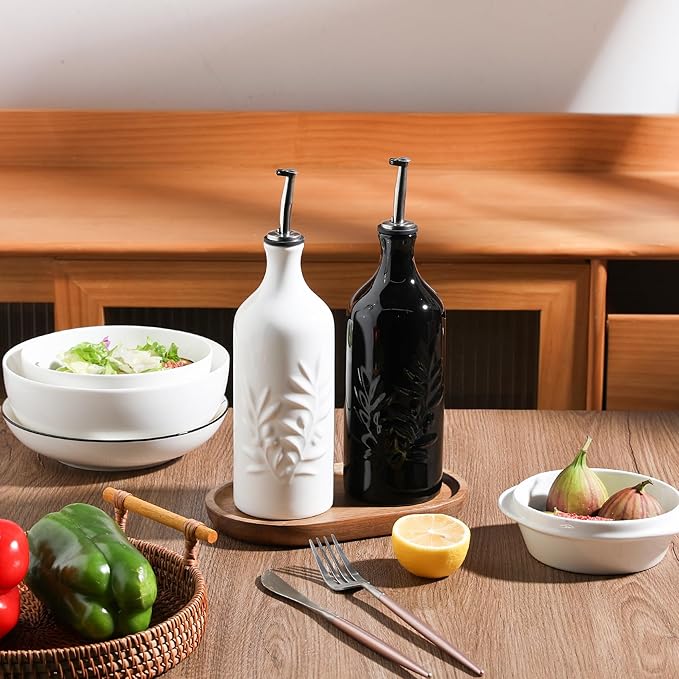 Sweejar Ceramic Olive Oil Dispenser Bottle, 20 Oz Relief Opaque Oil Cruet Protects To Reduce Oxidation, Suitable for Storage Vinegar, Soy Sauce,Liquids,Set of 2 (White Black)