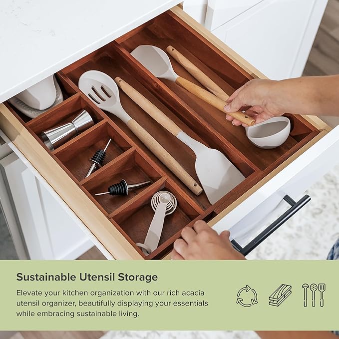 Adjustable Kitchen Drawer Organizer for Utensils and Junk, Food-Safe Contract Grade with 100% Sustainable Wood, Non-Slip, Expandable from 10.5 to 18.5 Inches Wide - Natural Acacia