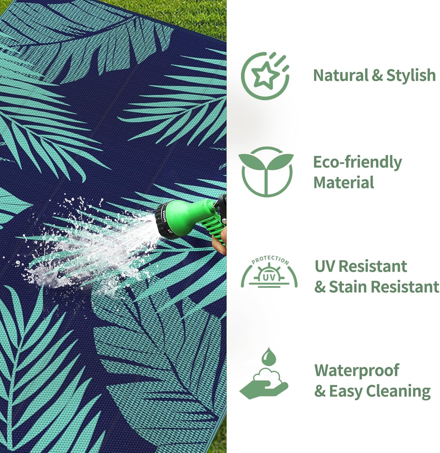 GENIMO Outdoor Rug 5' x 8' Waterproof for Patios Clearance, Reversible Outdoor Plastic Straw Camping Rug Carpet, Large Area Rugs Mats for RV, Camper, Deck, Balcony, Porch, Beach, Navy Blue&Jade Green