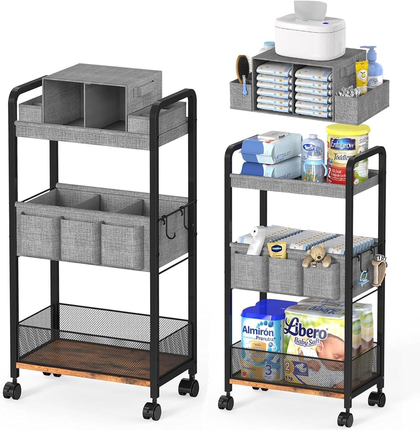 2In1 Baby Diaper Caddy & 3-Tier Rolling Diaper Cart, Caddy Organizer Cart with Dividers, Mobile Metal Bedside Carts for Baby Essentials, Rolling Carts for Newborn Nursery with Wheels, Large Capacity