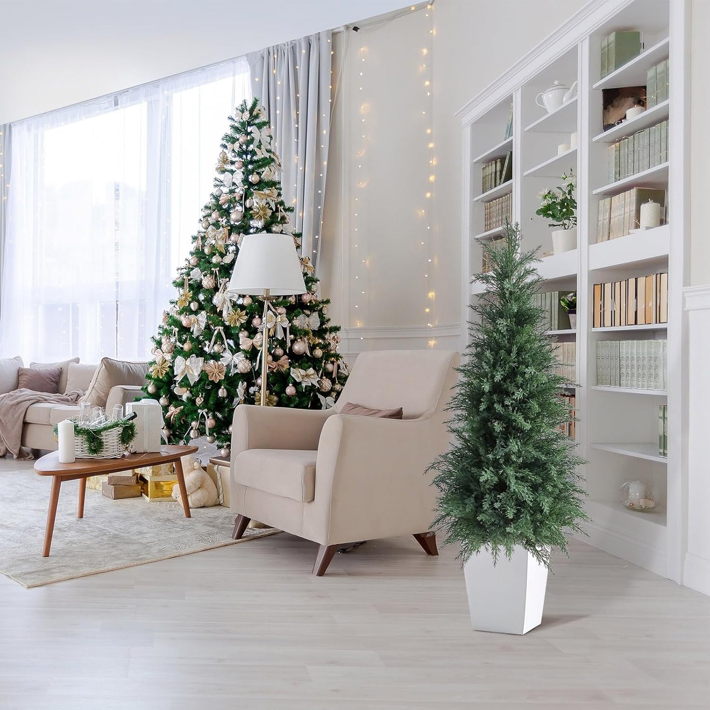 Artificial Cedar Topiary Trees 3FT Set of 2 Lifelike Faux Evergreen Cypress Bushes UV Resistant Outdoor Christmas Trees Realistic Potted Plants for Indoor Outdoor Decor