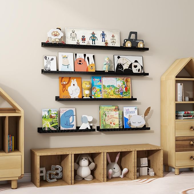 Floating Picture Ledge Shelves 55 Inch Solid Oak Wood Set of 2, Rustic Wall Storage Shelves with Lip, Kids Bookshelf, Photo & Picture Ledge Shelves for Bedroom, Living Room, Kitchen