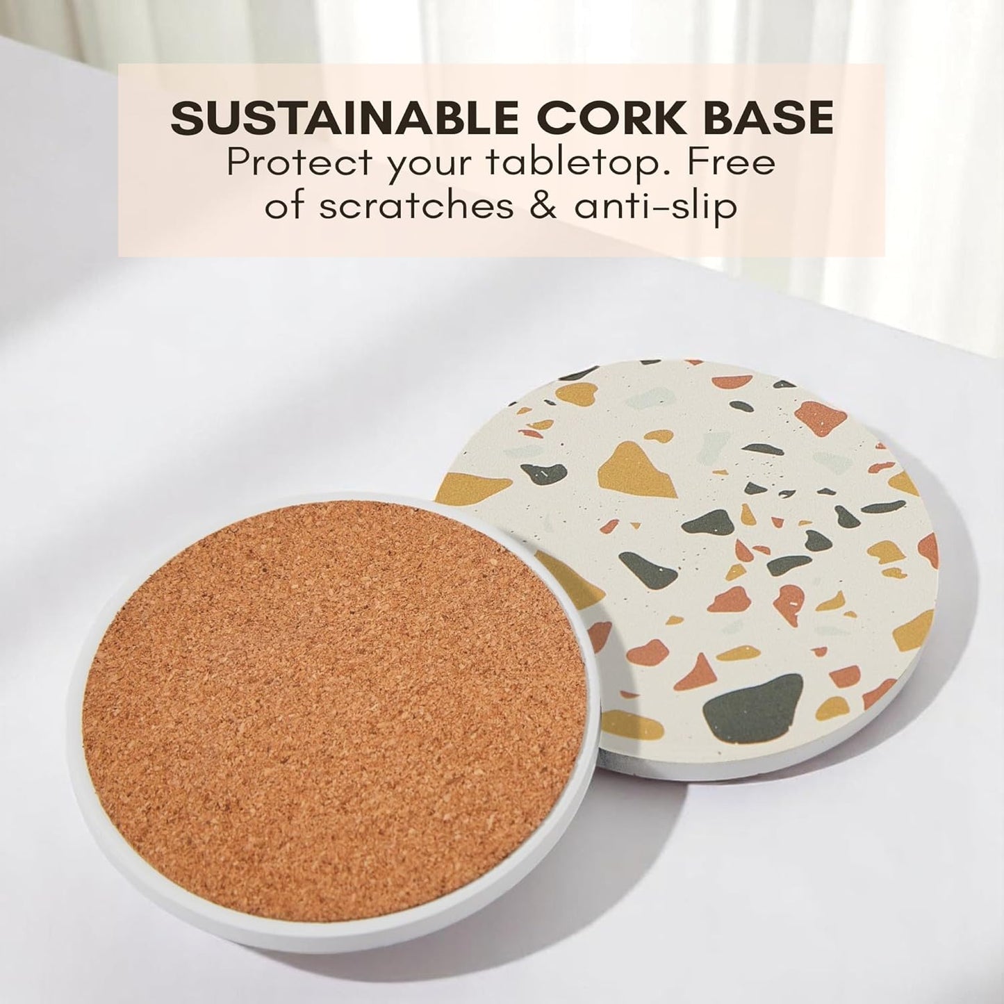 Terrazzo Drink Absorbent Coasters with Holder Set of 6, Ceramic Coaster for Drinks, Coffee Table Decor, Water Absorbing Stone Coaster for Drinks (Sunset)