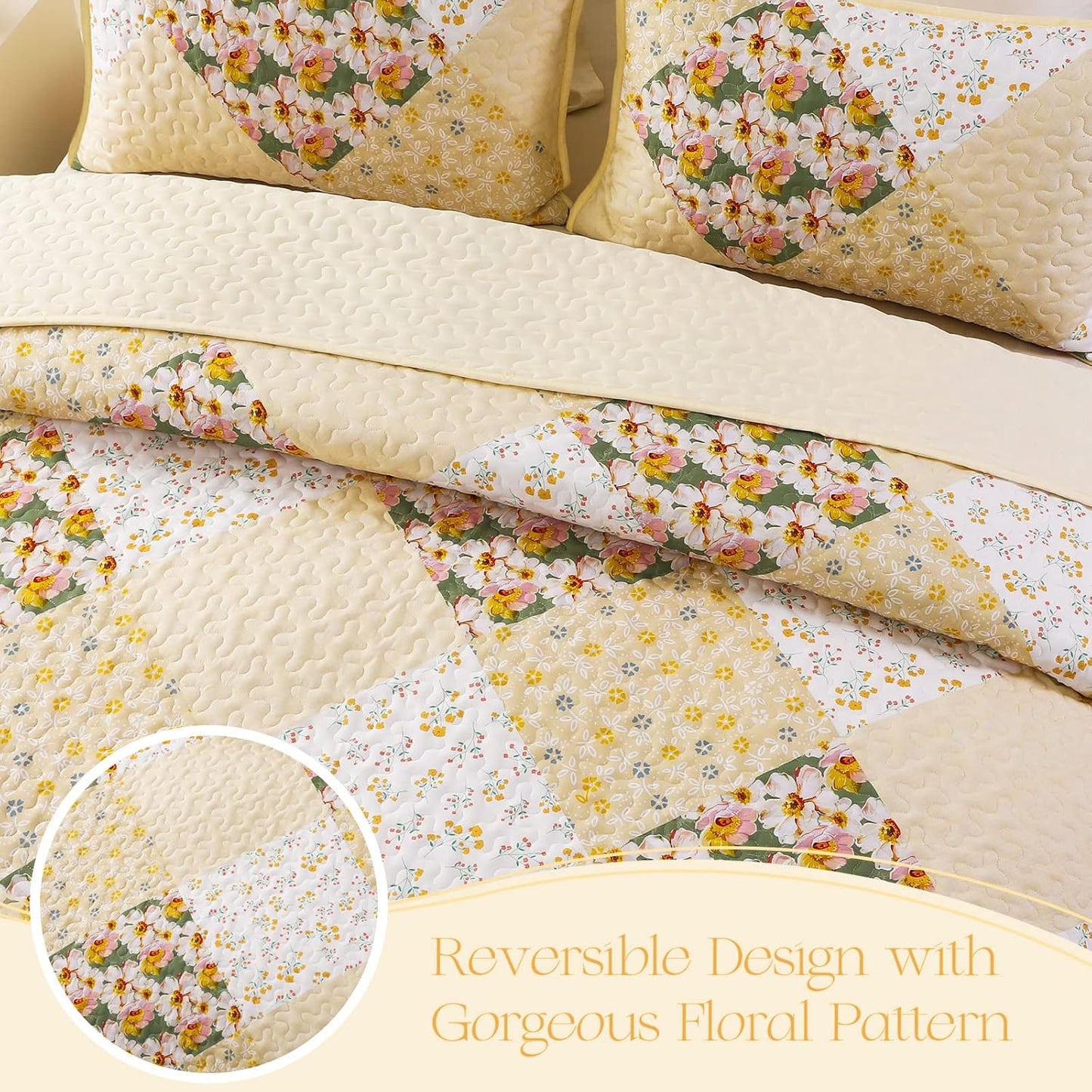 Exclusivo Mezcla Reversible Boho Quilt Set King Size, 3 Pieces Patchwork Yellow All Season Bedspreads, Ultra Soft Floral Coverlet Bedding Set with Printed Pattern (1 Quilt, 2 Pillow Shams)