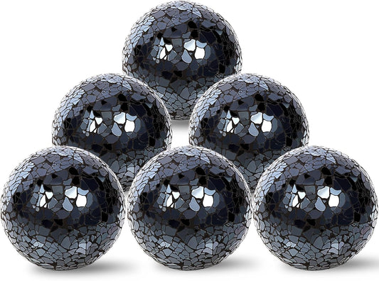 6Pcs Decorative Ball for Bowls, 8cm/3.15inch Mosaic Glass Centerpiece Decoration Balls Mirror Glass Ball Fillers for Home Decor Dining Tables Wedding Party (Black)